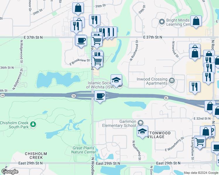 map of restaurants, bars, coffee shops, grocery stores, and more near North 63rd Street in Wichita