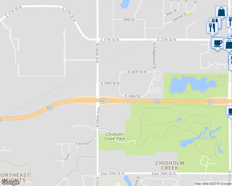 map of restaurants, bars, coffee shops, grocery stores, and more near North Oliver Street in Wichita