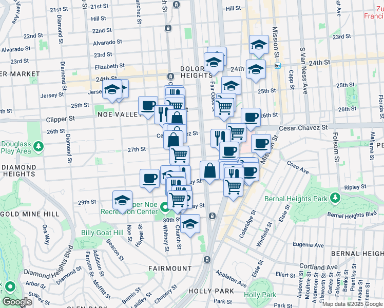 map of restaurants, bars, coffee shops, grocery stores, and more near 235 Duncan Street in San Francisco