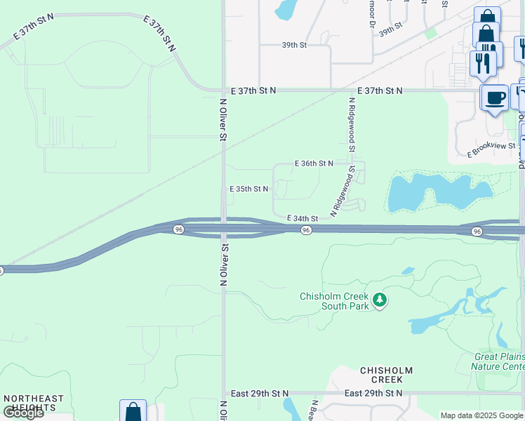 map of restaurants, bars, coffee shops, grocery stores, and more near North Oliver Street in Wichita