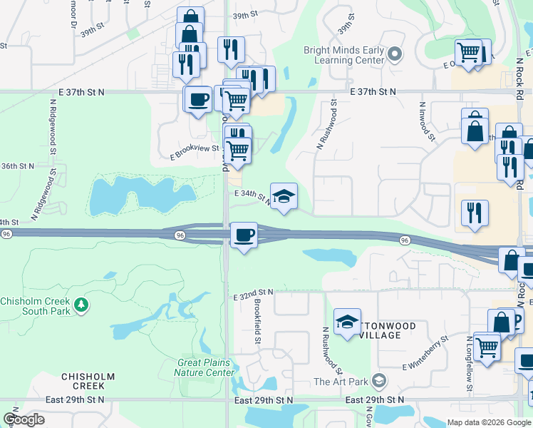 map of restaurants, bars, coffee shops, grocery stores, and more near North 63rd Street in Wichita