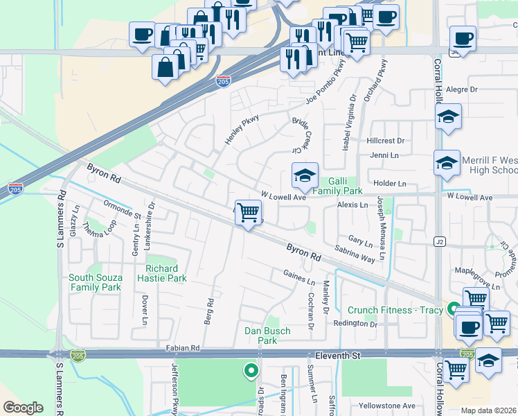map of restaurants, bars, coffee shops, grocery stores, and more near 1647 Green Springs Court in Tracy