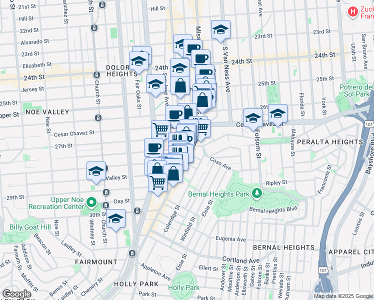 map of restaurants, bars, coffee shops, grocery stores, and more near 3181 Mission Street in San Francisco