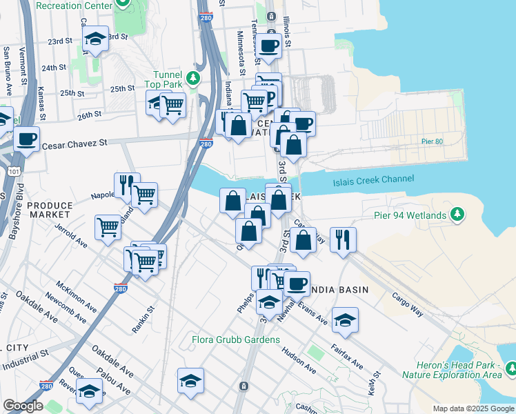 map of restaurants, bars, coffee shops, grocery stores, and more near 1500 Custer Avenue in San Francisco