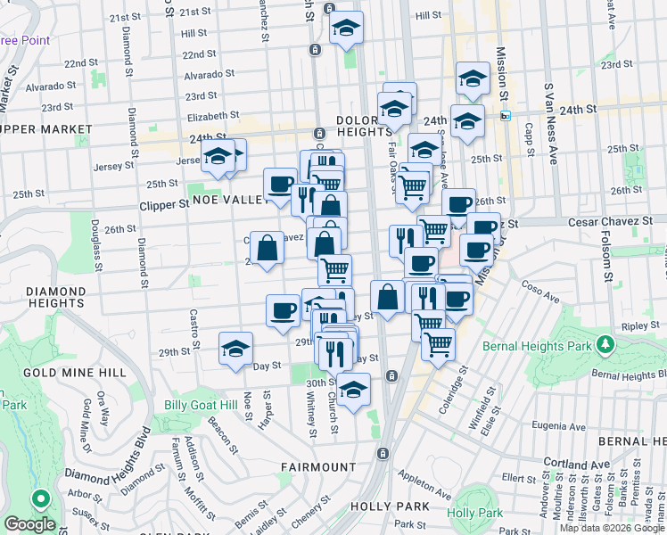 map of restaurants, bars, coffee shops, grocery stores, and more near 1525 Church Street in San Francisco