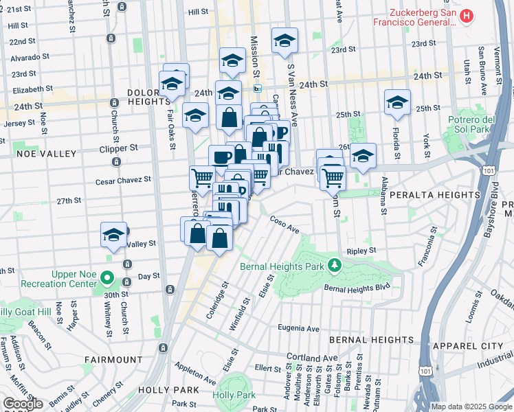 map of restaurants, bars, coffee shops, grocery stores, and more near 3 Coleridge Street in San Francisco