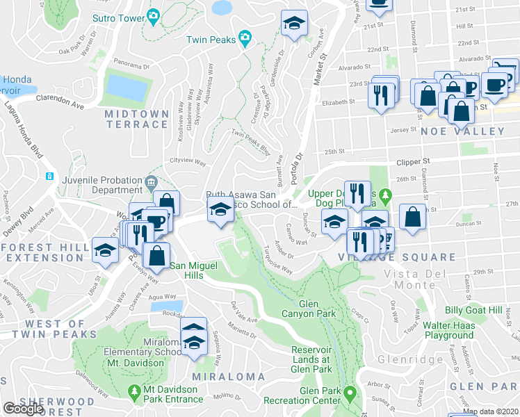 map of restaurants, bars, coffee shops, grocery stores, and more near 44 Amethyst Way in San Francisco