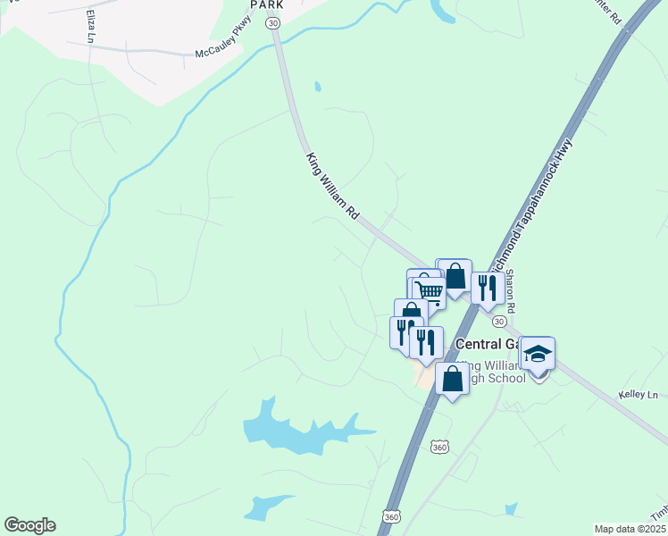 map of restaurants, bars, coffee shops, grocery stores, and more near 105 Saint Charles Court in Aylett