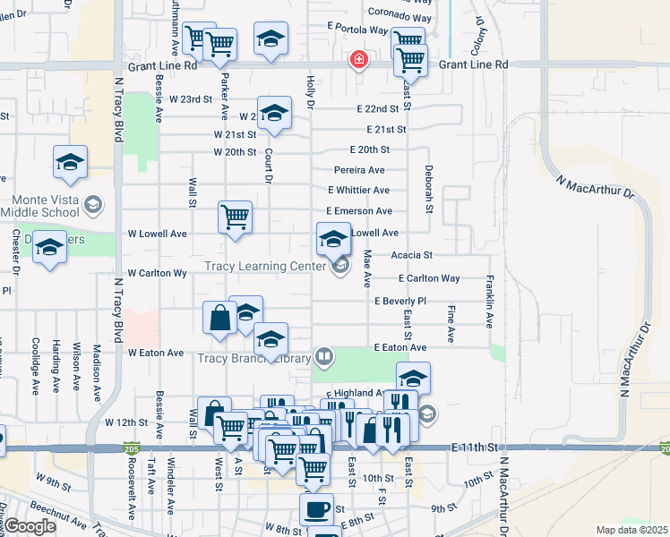 map of restaurants, bars, coffee shops, grocery stores, and more near 51 East Beverly Place in Tracy