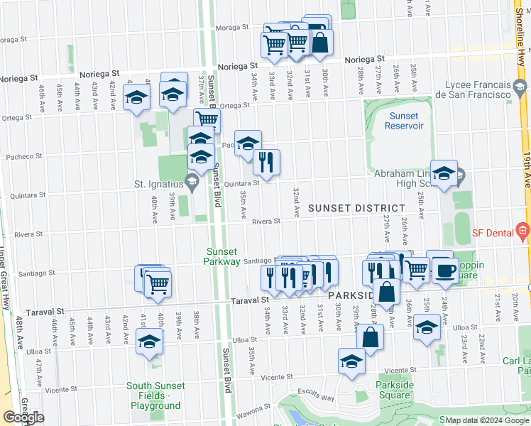 map of restaurants, bars, coffee shops, grocery stores, and more near 2178 34th Avenue in San Francisco