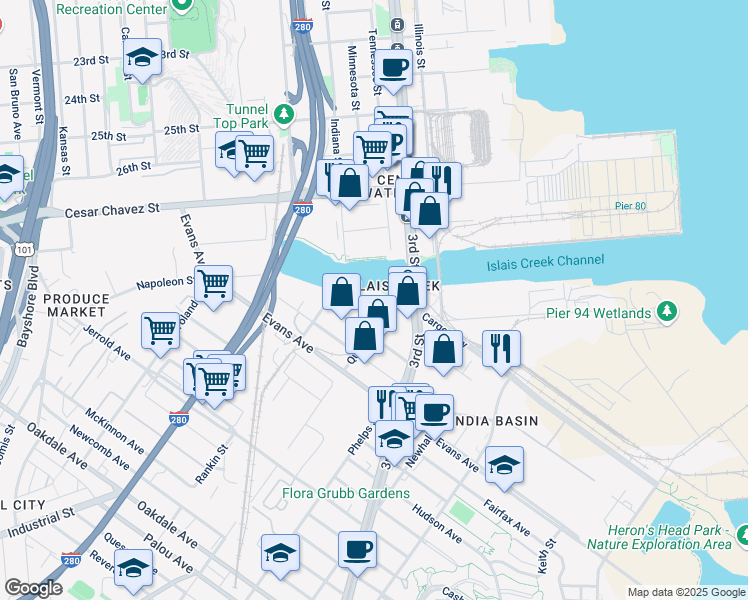 map of restaurants, bars, coffee shops, grocery stores, and more near 1500 Custer Avenue in San Francisco