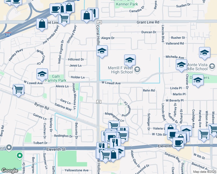 map of restaurants, bars, coffee shops, grocery stores, and more near 1611 Teakwood Court in Tracy