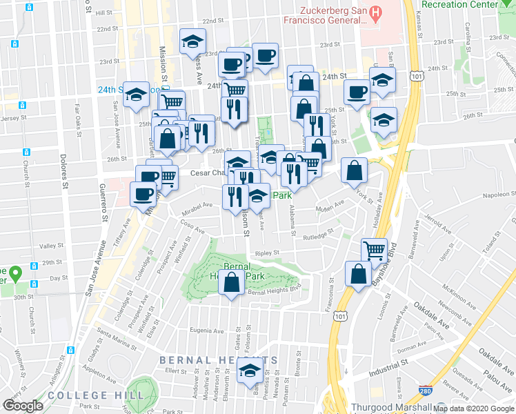 map of restaurants, bars, coffee shops, grocery stores, and more near 1551 Treat Avenue in San Francisco