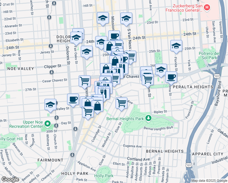 map of restaurants, bars, coffee shops, grocery stores, and more near 3 Coleridge Street in San Francisco