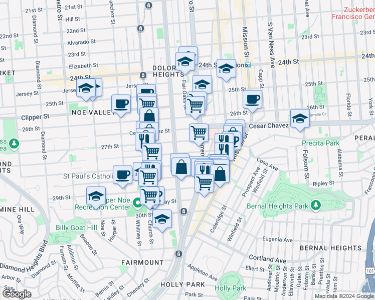 map of restaurants, bars, coffee shops, grocery stores, and more near in San Francisco