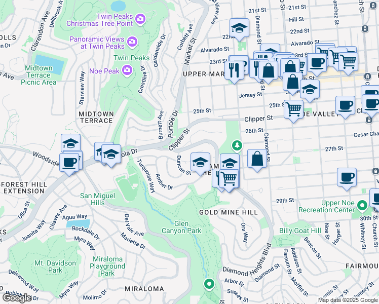 map of restaurants, bars, coffee shops, grocery stores, and more near 135 Red Rock Way in San Francisco