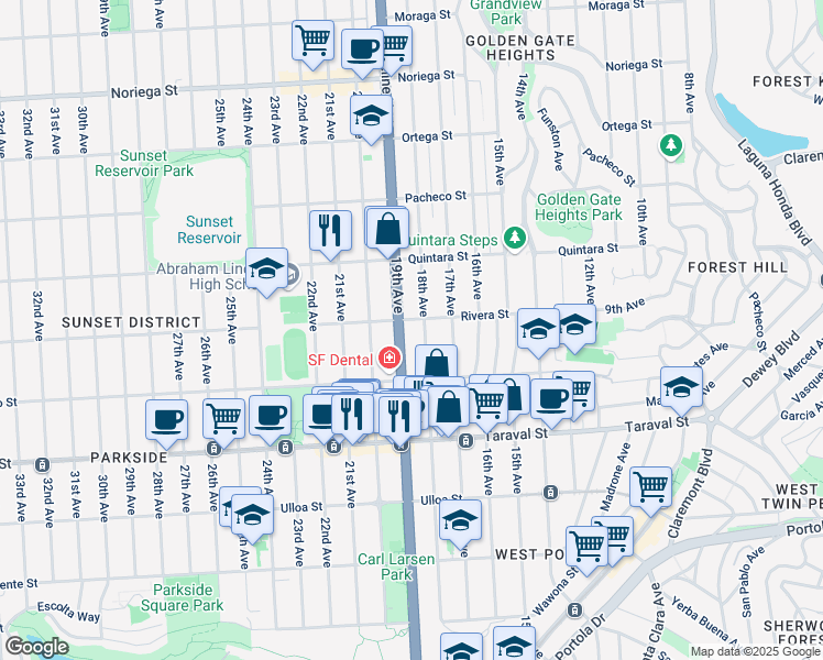 map of restaurants, bars, coffee shops, grocery stores, and more near 2243 18th Avenue in San Francisco
