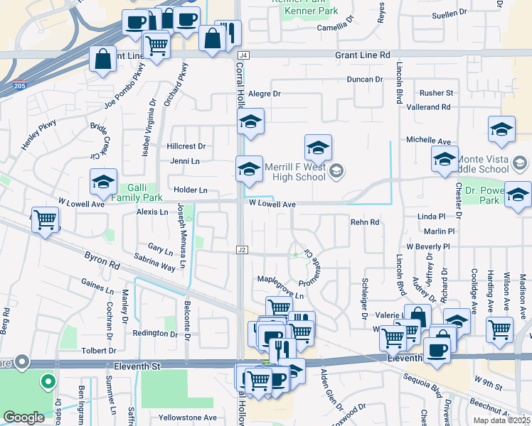 map of restaurants, bars, coffee shops, grocery stores, and more near 1611 Teakwood Court in Tracy
