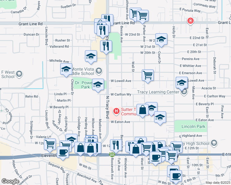 map of restaurants, bars, coffee shops, grocery stores, and more near 535 West Carlton way in Tracy