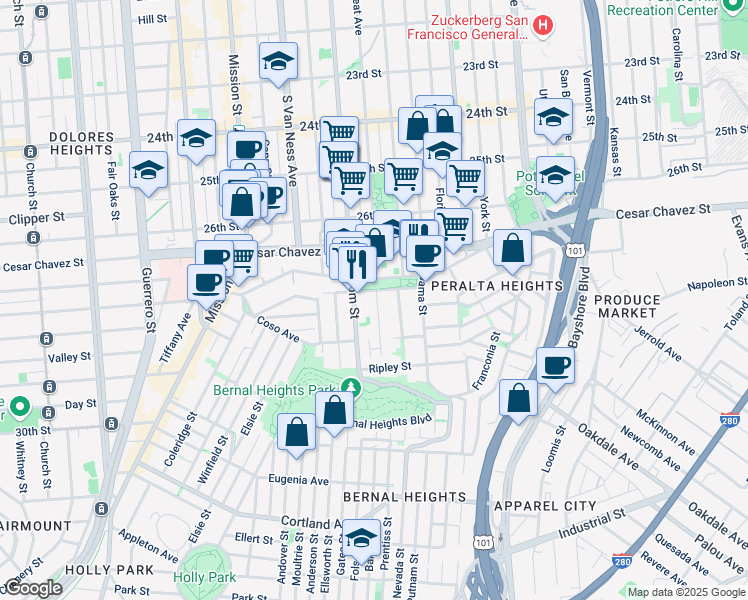 map of restaurants, bars, coffee shops, grocery stores, and more near 1551 Treat Avenue in San Francisco