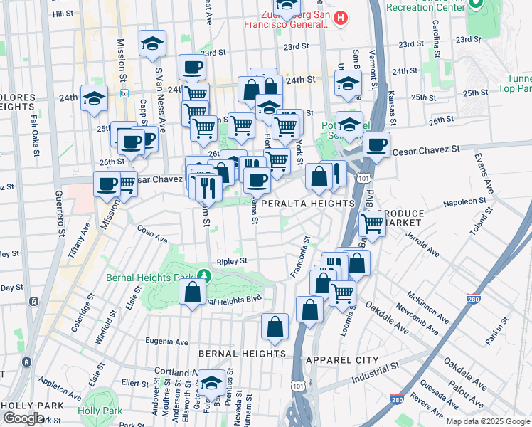 map of restaurants, bars, coffee shops, grocery stores, and more near 1681 Alabama Street in San Francisco