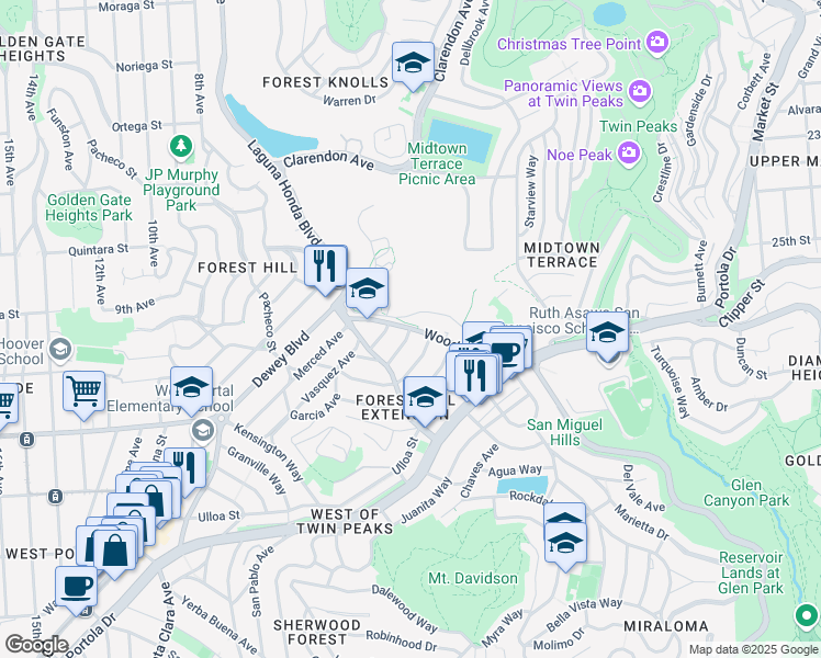 map of restaurants, bars, coffee shops, grocery stores, and more near Woodside Avenue & Balceta Avenue in San Francisco