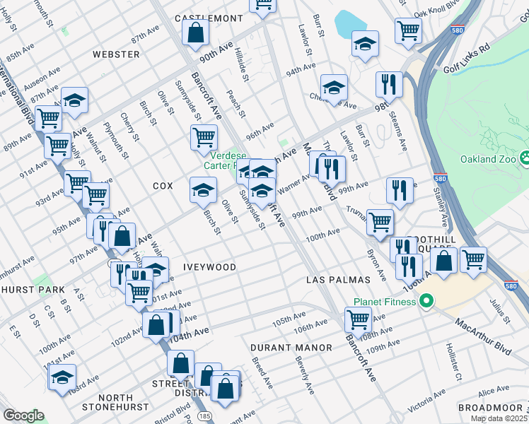 map of restaurants, bars, coffee shops, grocery stores, and more near 9860 Sunnyside Street in Oakland