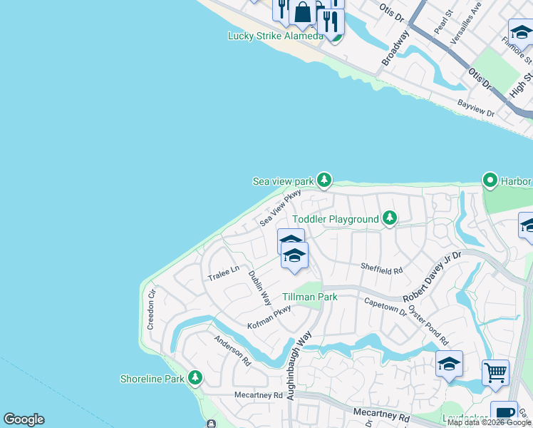 map of restaurants, bars, coffee shops, grocery stores, and more near 9 Tullamore Place in Alameda