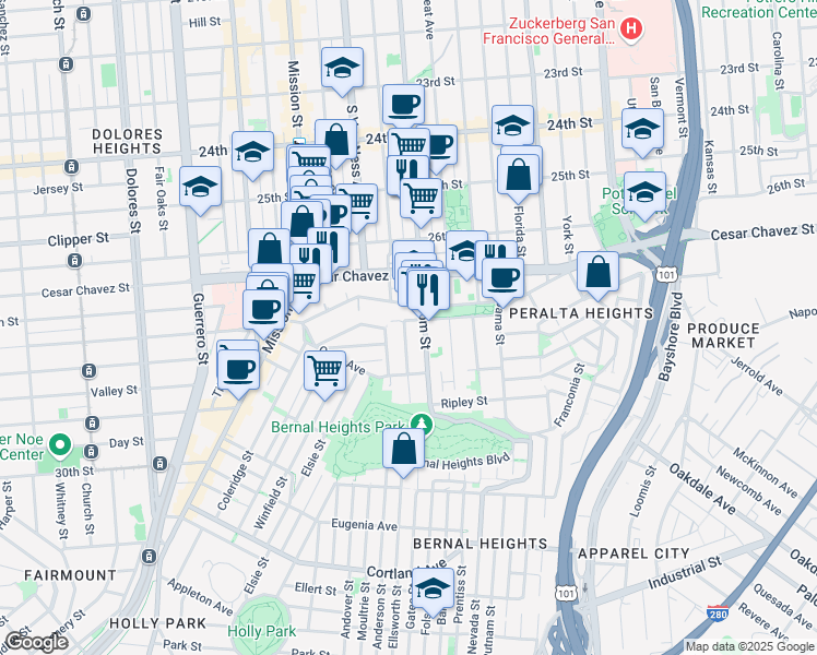 map of restaurants, bars, coffee shops, grocery stores, and more near 47 Manchester Street in San Francisco