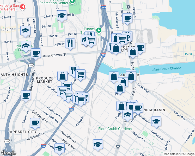 map of restaurants, bars, coffee shops, grocery stores, and more near 1699 Davidson Avenue in San Francisco