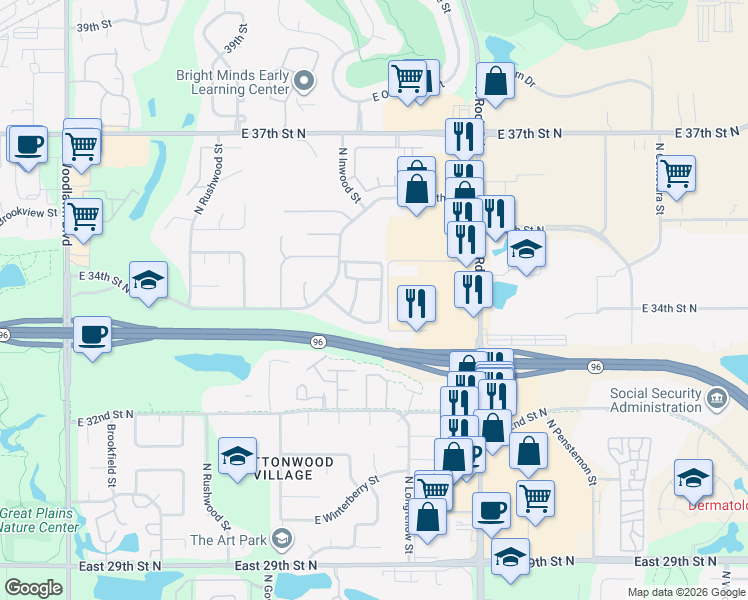 map of restaurants, bars, coffee shops, grocery stores, and more near Highway 96 in Wichita
