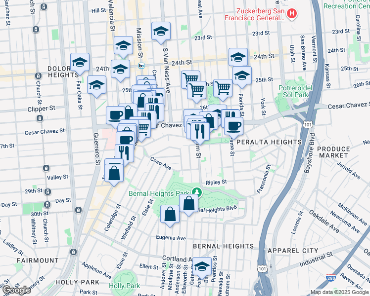 map of restaurants, bars, coffee shops, grocery stores, and more near 20 Bessie Street in San Francisco