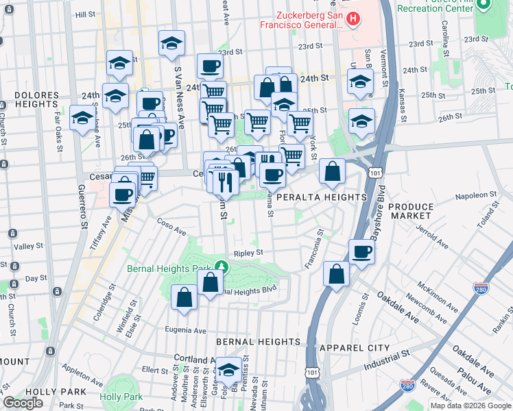 map of restaurants, bars, coffee shops, grocery stores, and more near 3215 Harrison Street in San Francisco