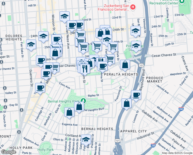 map of restaurants, bars, coffee shops, grocery stores, and more near 3215 Harrison Street in San Francisco