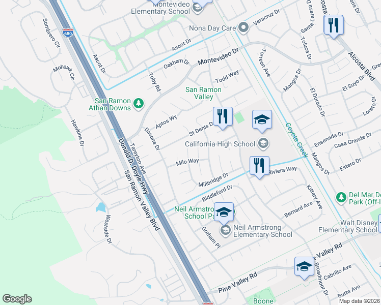 map of restaurants, bars, coffee shops, grocery stores, and more near 2885 Millbridge Place in San Ramon