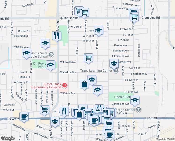 map of restaurants, bars, coffee shops, grocery stores, and more near 232 Carlton Way in Tracy