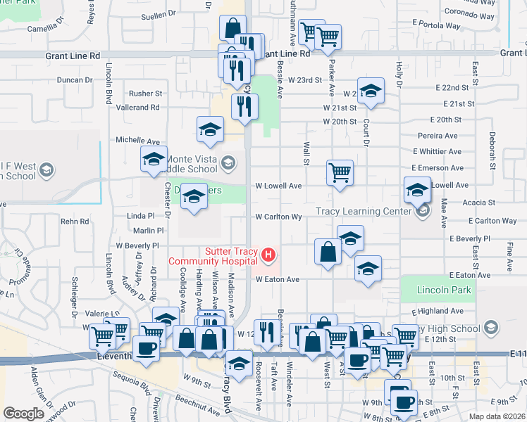 map of restaurants, bars, coffee shops, grocery stores, and more near 540 Carlton Way in Tracy