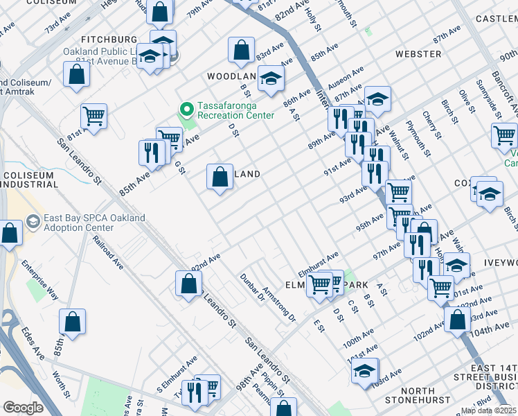 map of restaurants, bars, coffee shops, grocery stores, and more near 1021 92nd Avenue in Oakland