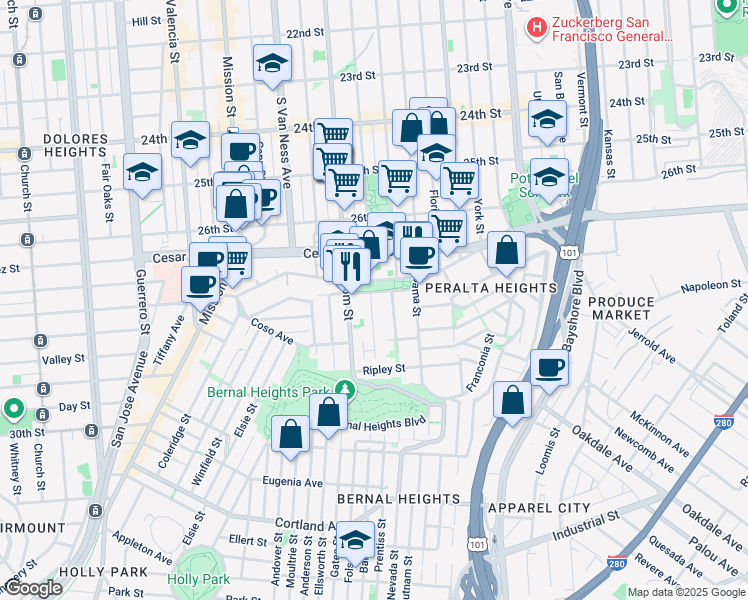 map of restaurants, bars, coffee shops, grocery stores, and more near 1551 Treat Avenue in San Francisco