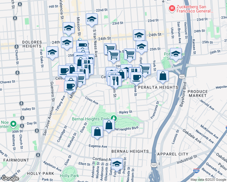 map of restaurants, bars, coffee shops, grocery stores, and more near 3252 Folsom Street in San Francisco