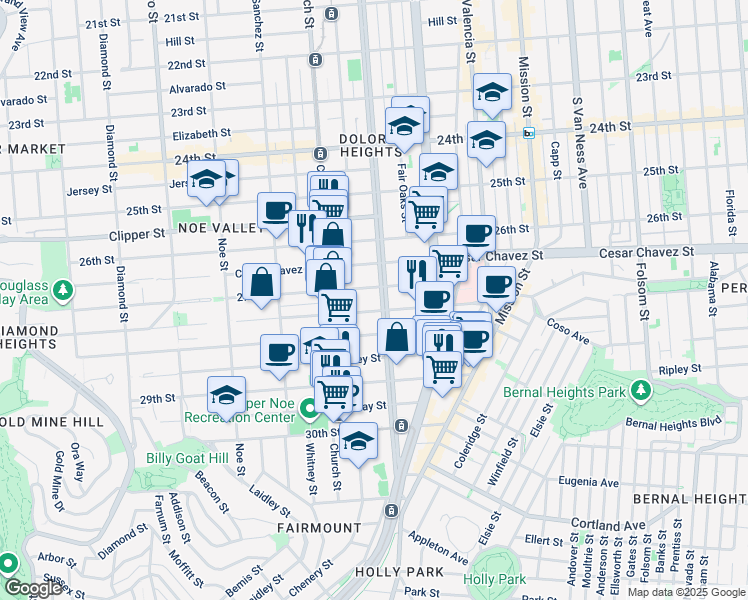 map of restaurants, bars, coffee shops, grocery stores, and more near 235 Duncan Street in San Francisco
