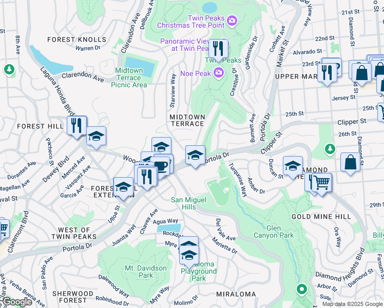 map of restaurants, bars, coffee shops, grocery stores, and more near 555 Portola Drive in San Francisco