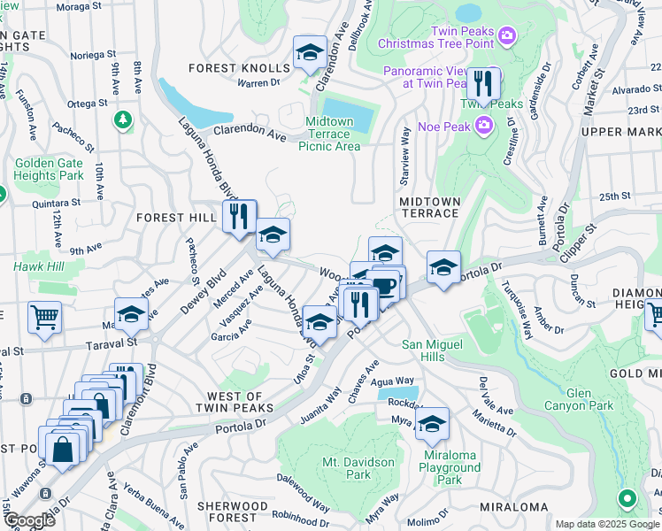 map of restaurants, bars, coffee shops, grocery stores, and more near 11 Hernandez Avenue in San Francisco