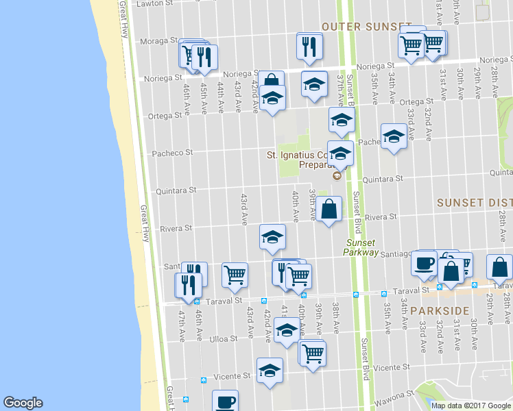 map of restaurants, bars, coffee shops, grocery stores, and more near 2186 42nd Avenue in San Francisco