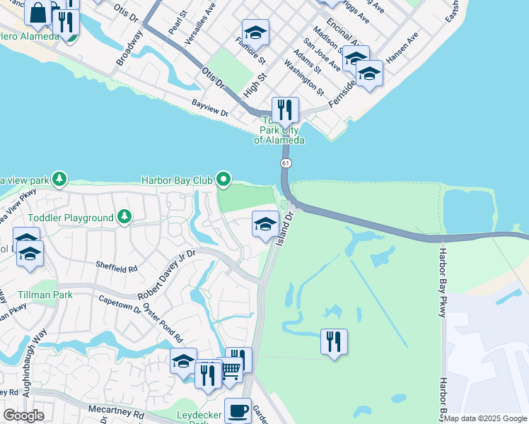 map of restaurants, bars, coffee shops, grocery stores, and more near 560 Centre Court in Alameda