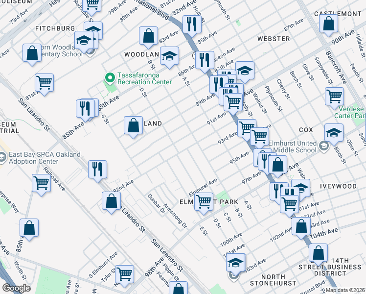 map of restaurants, bars, coffee shops, grocery stores, and more near 1123 92nd Avenue in Oakland