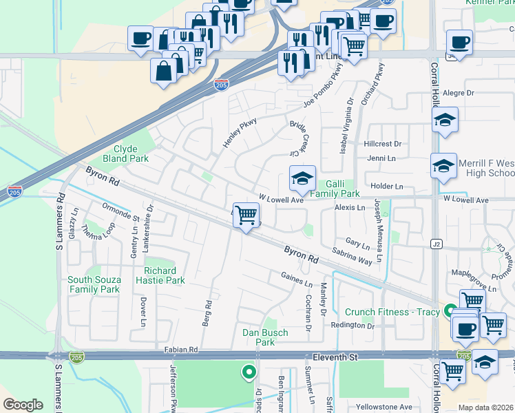 map of restaurants, bars, coffee shops, grocery stores, and more near 1677 Green Springs Court in Tracy