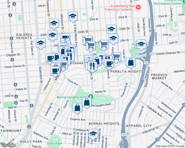 map of restaurants, bars, coffee shops, grocery stores, and more near 300 Precita Avenue in San Francisco