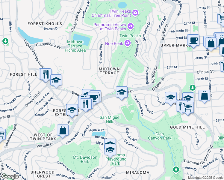 map of restaurants, bars, coffee shops, grocery stores, and more near 555 Portola Drive in San Francisco