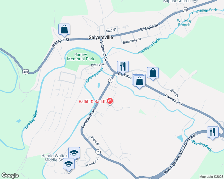 map of restaurants, bars, coffee shops, grocery stores, and more near 226 Patrick Drive in Salyersville